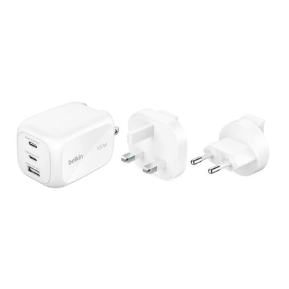 BELKIN Caricatore da Parete GaN 3 Porte 100W con Adattatore da Viaggio (Bianco)