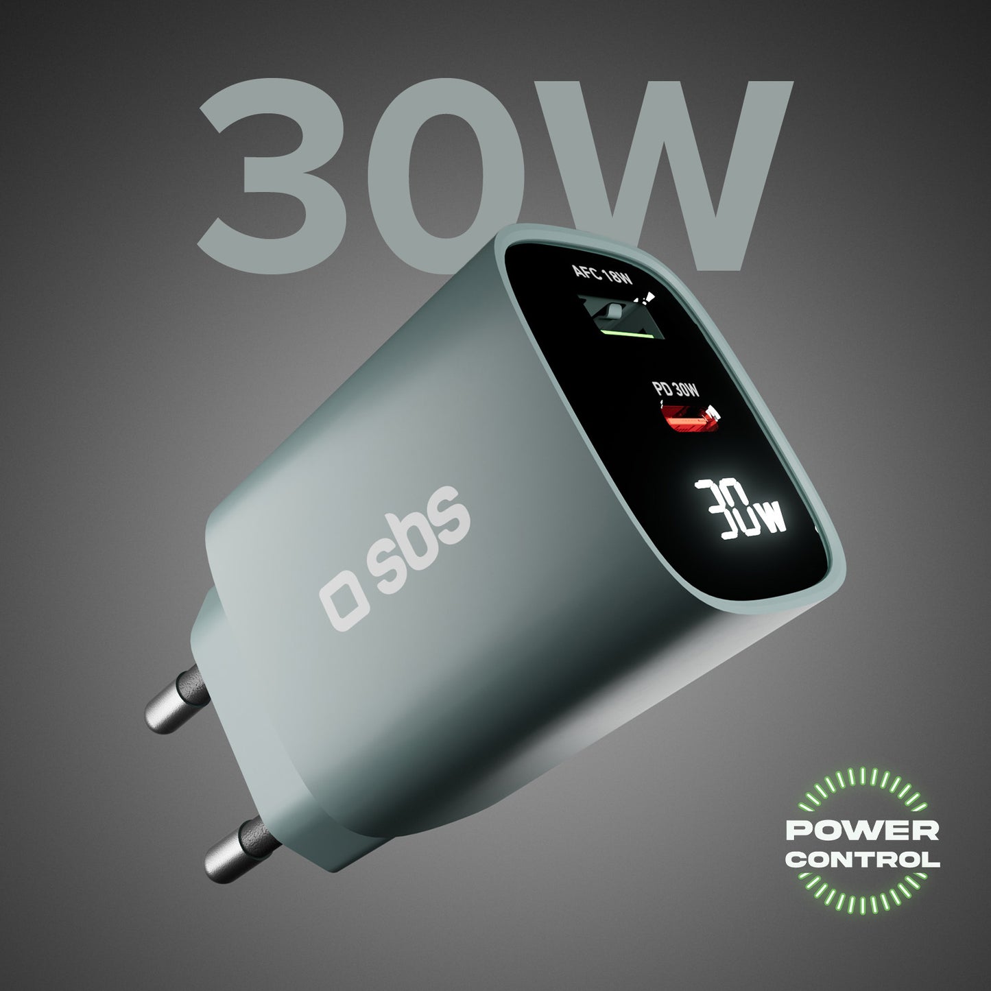 Caricabatterie da muro, schermo LCD, 1 uscita USB-C PD 30W, 1 uscita USB-A 18W