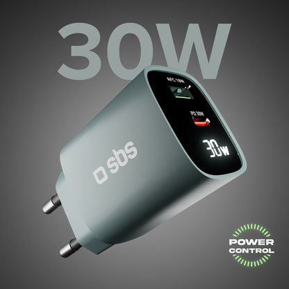 Caricabatterie da muro, schermo LCD, 1 uscita USB-C PD 30W, 1 uscita USB-A 18W