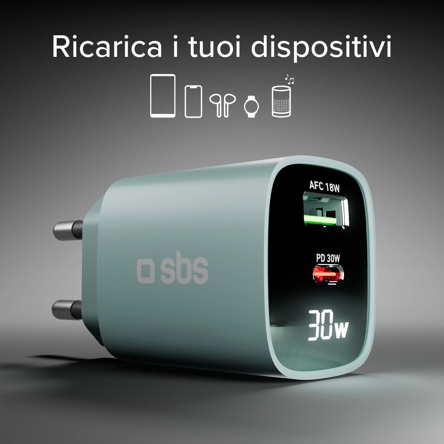 Caricabatterie da muro, schermo LCD, 1 uscita USB-C PD 30W, 1 uscita USB-A 18W