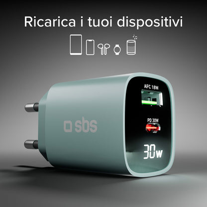 Caricabatterie da muro, schermo LCD, 1 uscita USB-C PD 30W, 1 uscita USB-A 18W