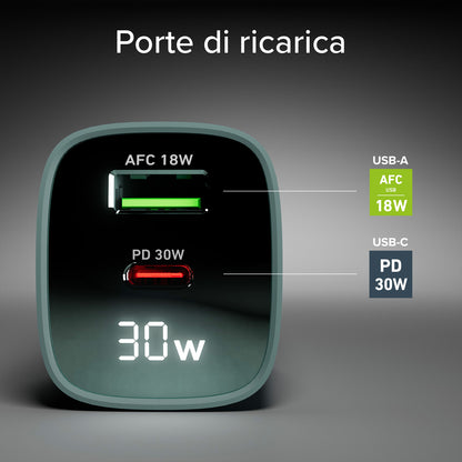 Caricabatterie da muro, schermo LCD, 1 uscita USB-C PD 30W, 1 uscita USB-A 18W