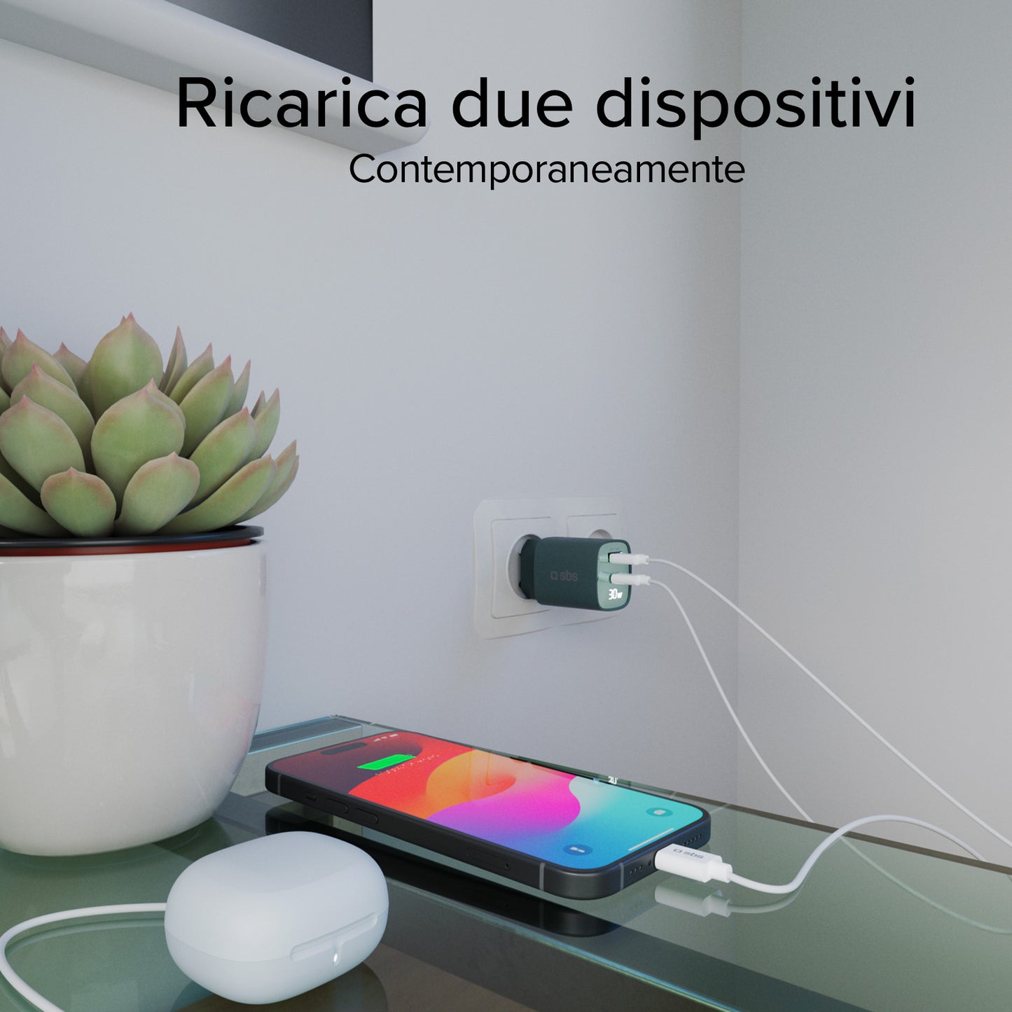 Caricabatterie da muro, schermo LCD, 1 uscita USB-C PD 30W, 1 uscita USB-A 18W