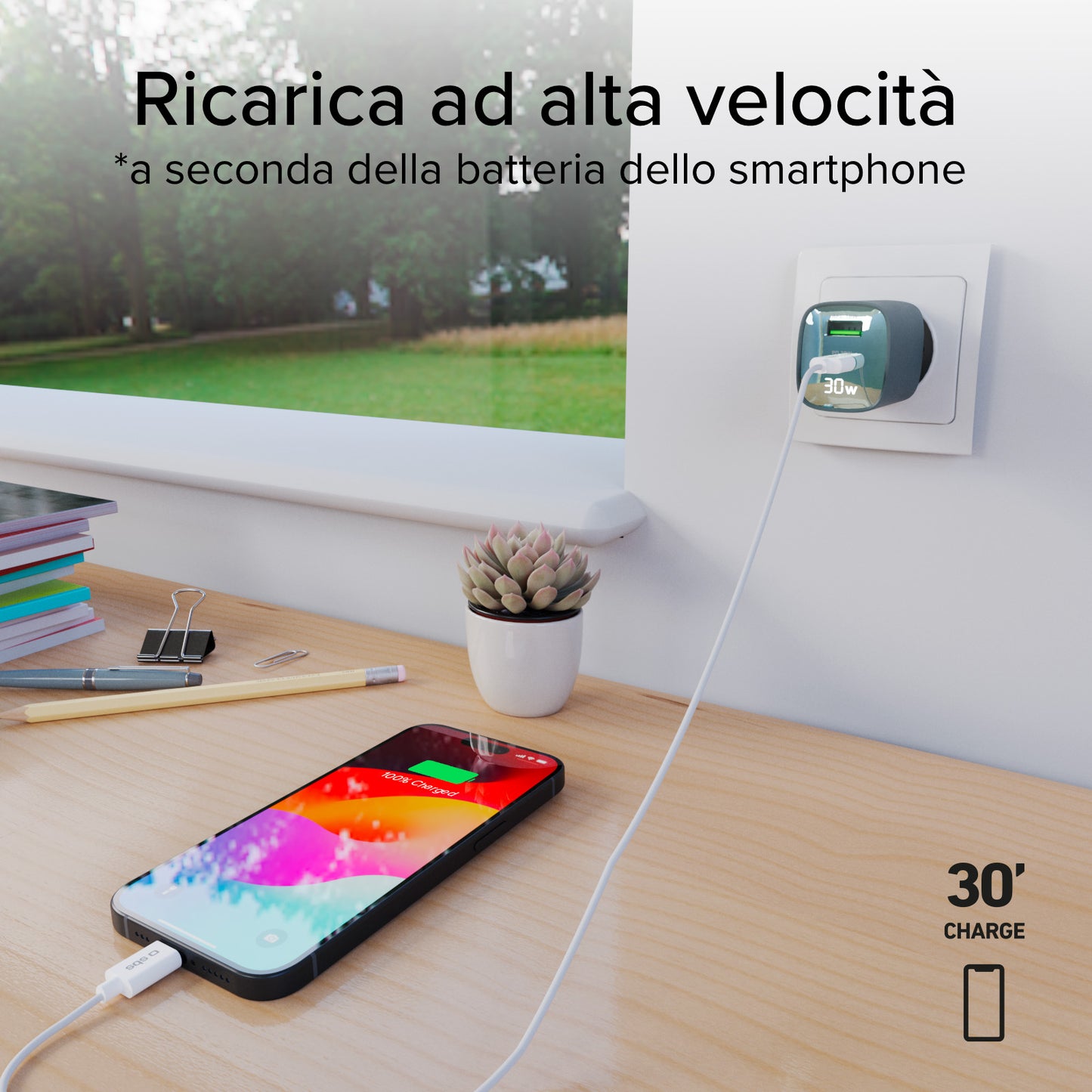Caricabatterie da muro, schermo LCD, 1 uscita USB-C PD 30W, 1 uscita USB-A 18W