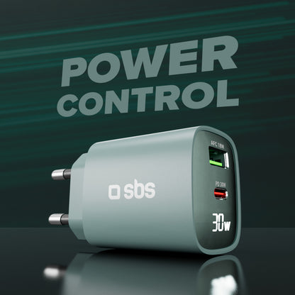 Caricabatterie da muro, schermo LCD, 1 uscita USB-C PD 30W, 1 uscita USB-A 18W