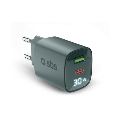 Caricabatterie da muro, schermo LCD, 1 uscita USB-C PD 30W, 1 uscita USB-A 18W